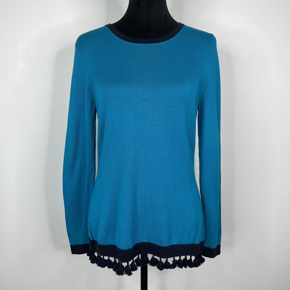 Crown & Ivy Womens Lightweight Sweater Size PM Teal Navy Blue Trim Tasseled Hem